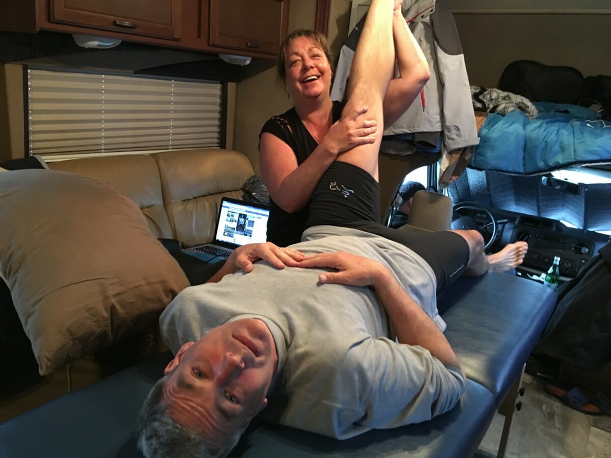 Debbie working her RMT magic on Joe in the RV